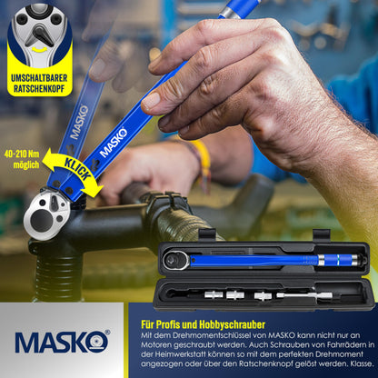 MASKO® Drehmomentschlüssel (6-teilig): 40-210Nm 1/2' CV inkl. 3 Stecknüsse + Montagehandschuhe Koffer