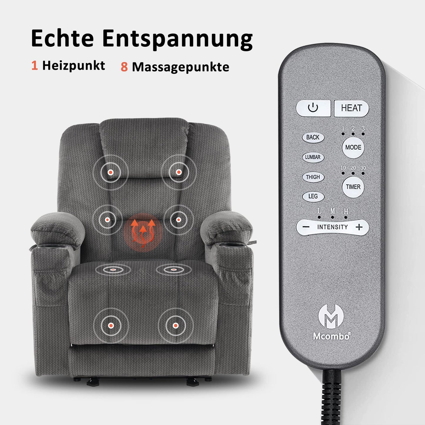 M MCombo TV recliner (7008) with reclining, massage and heat function: Electrically adjustable, USB &amp; cup holder in grey
