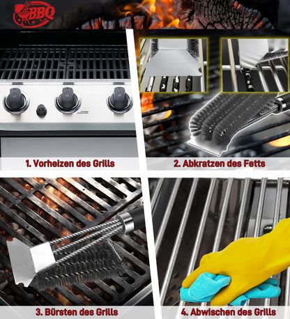 Grill brush, TNTOR grill cleaning brush with extra long stainless steel bristles, stainless steel spatula and PP heat-insulated handle, for gas grill, charcoal grill, kettle grill, electric grill and grill grate.