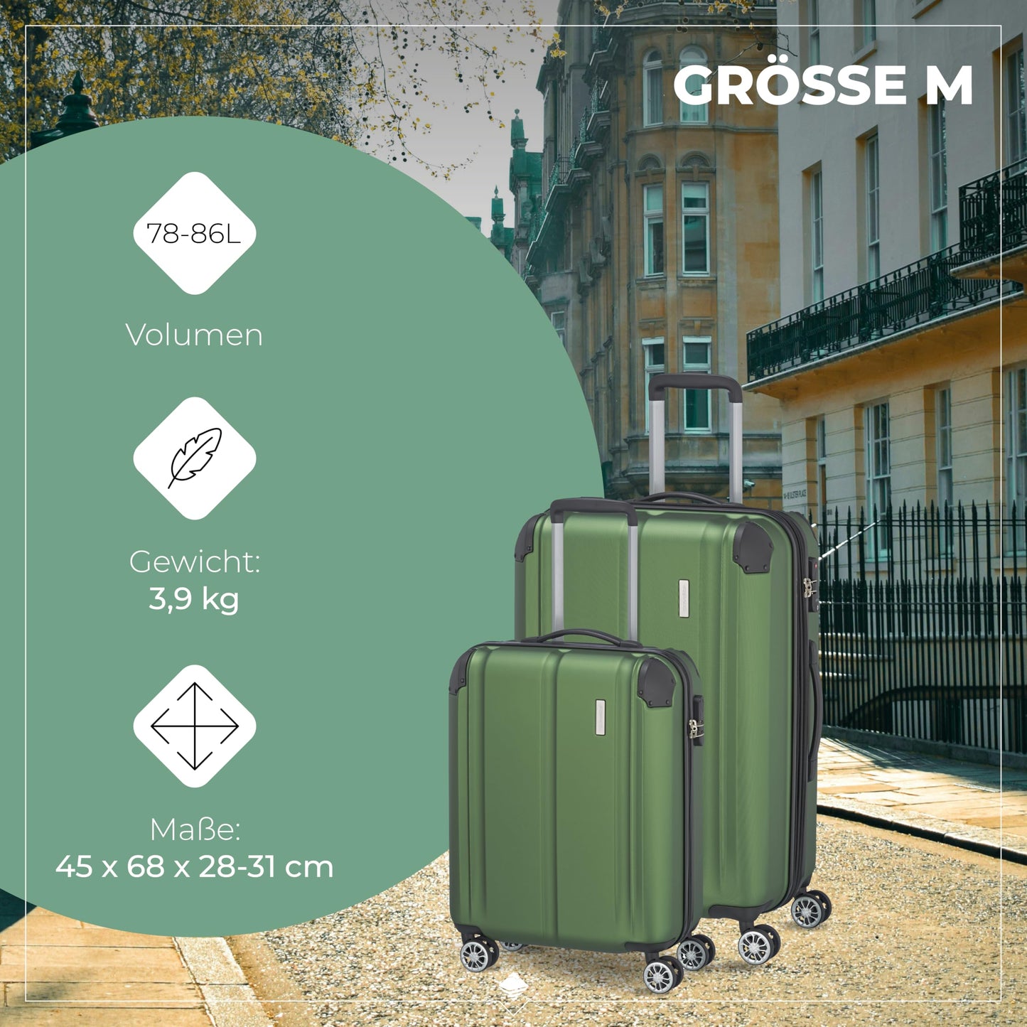 TRAVELITE hard-shell travel suitcase set with TSA lock + expansion pleat: scratch-resistant 