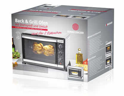 ROMMELSBACHER Back & Grill Ofen (BG 1805/E) mit Doppelverglasung, Innenbeleuchtung, Zeitschaltuhr, 1800W