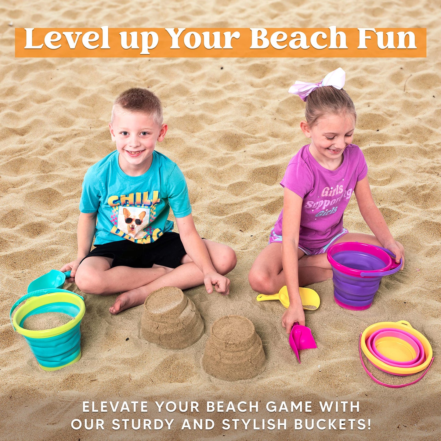 JOYIN Foldable Beach Bucket Set: Foldable Sand Toys with Mesh Backpack for Kids