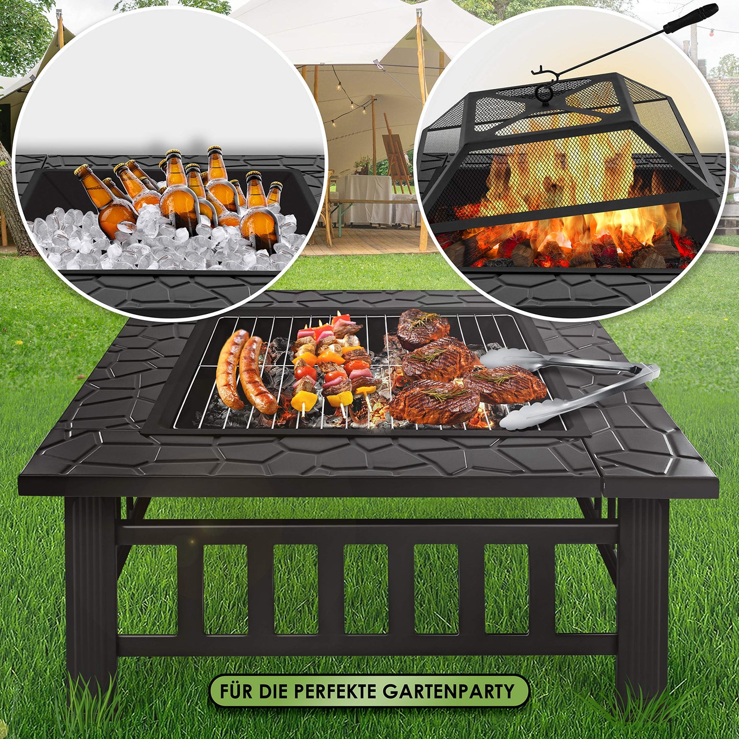 KESSER® Feuerstelle mit Grillrost & Grillzange: Feuerschale, BBQ Grill mit Funkenschutz