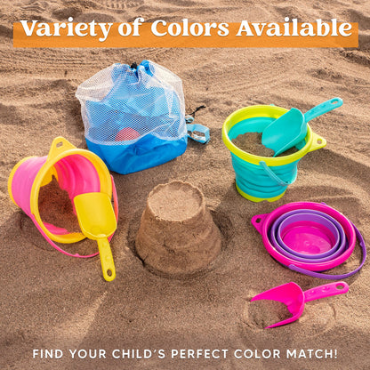 JOYIN Foldable Beach Bucket Set: Foldable Sand Toys with Mesh Backpack for Kids