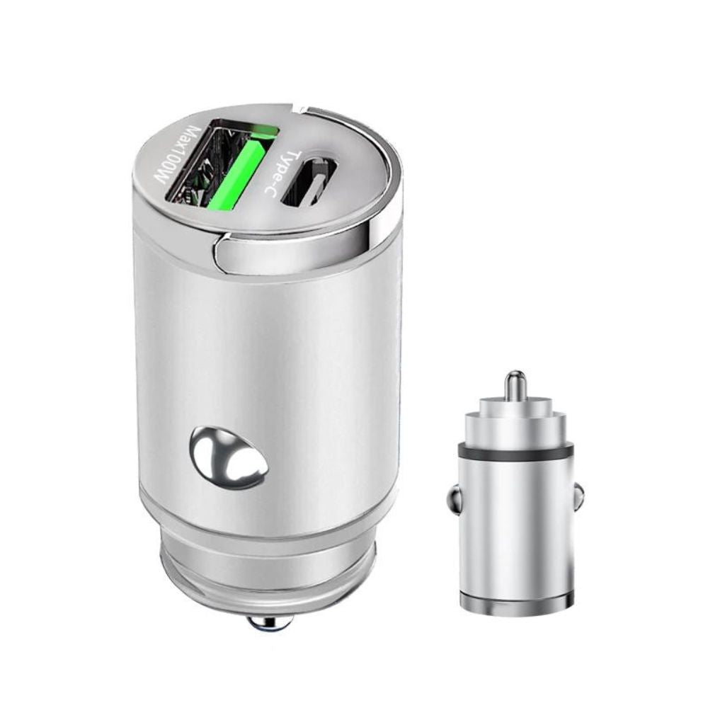 100W USB Auto-Mini-Schnellladegerät | Dual Ports, Typ C: mit Zugring (Silber)