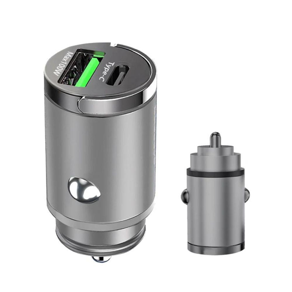 100W USB Auto-Mini-Schnellladegerät | Dual Ports, Typ C: mit Zugring (Grau)