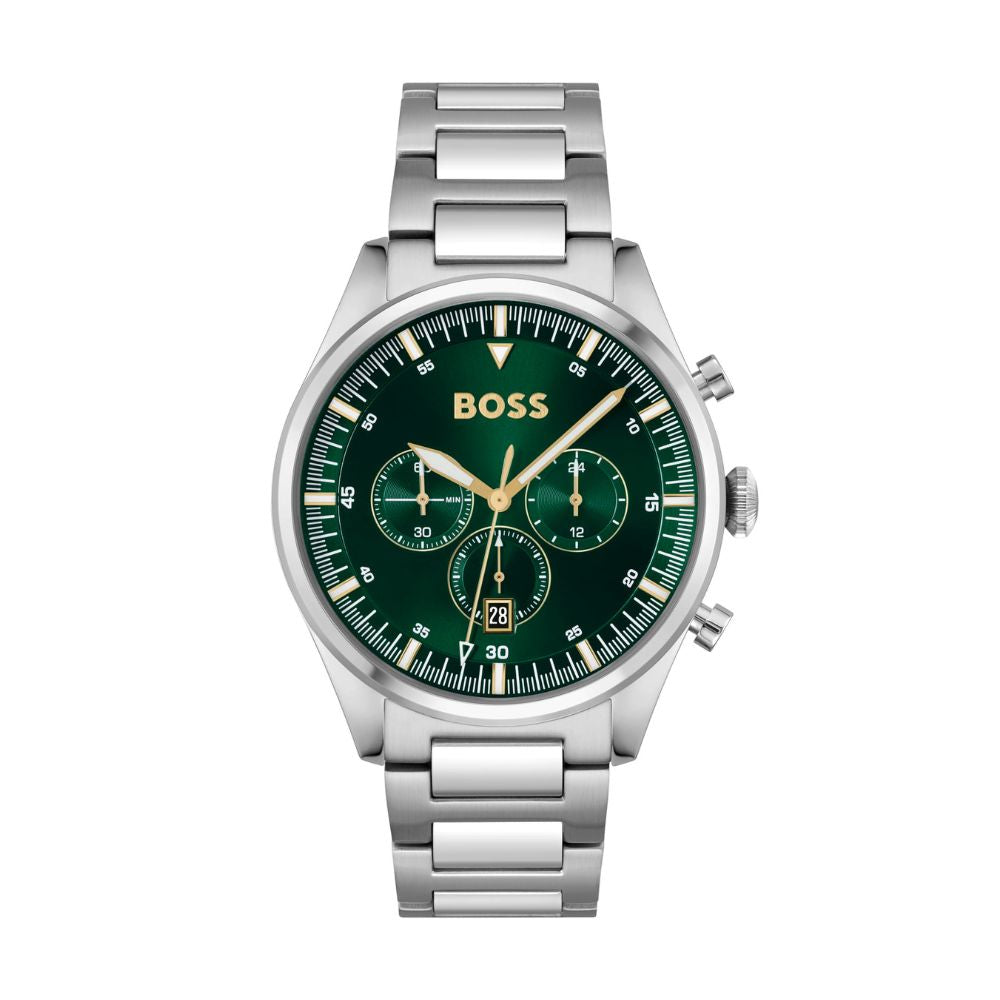 BOSS Chronograph quartz watch (1513868) for men from the 'Pioneer' collection with silver stainless steel bracelet