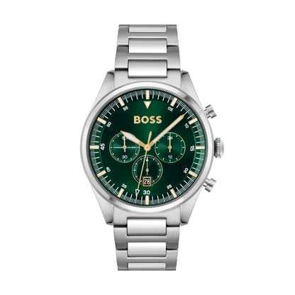 BOSS Chronograph quartz watch (1513868) for men from the 'Pioneer' collection with silver stainless steel bracelet