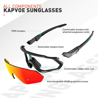 Kapvoe Unisex Sports Glasses with 5 Interchangeable Lenses: UV400, TR90 Frame, Polarized Lens