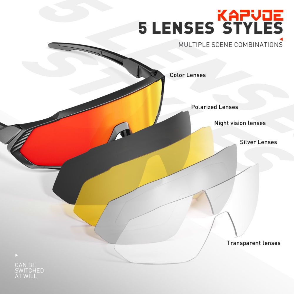 Kapvoe Unisex Sports Glasses with 5 Interchangeable Lenses: UV400, TR90 Frame, Polarized Lens