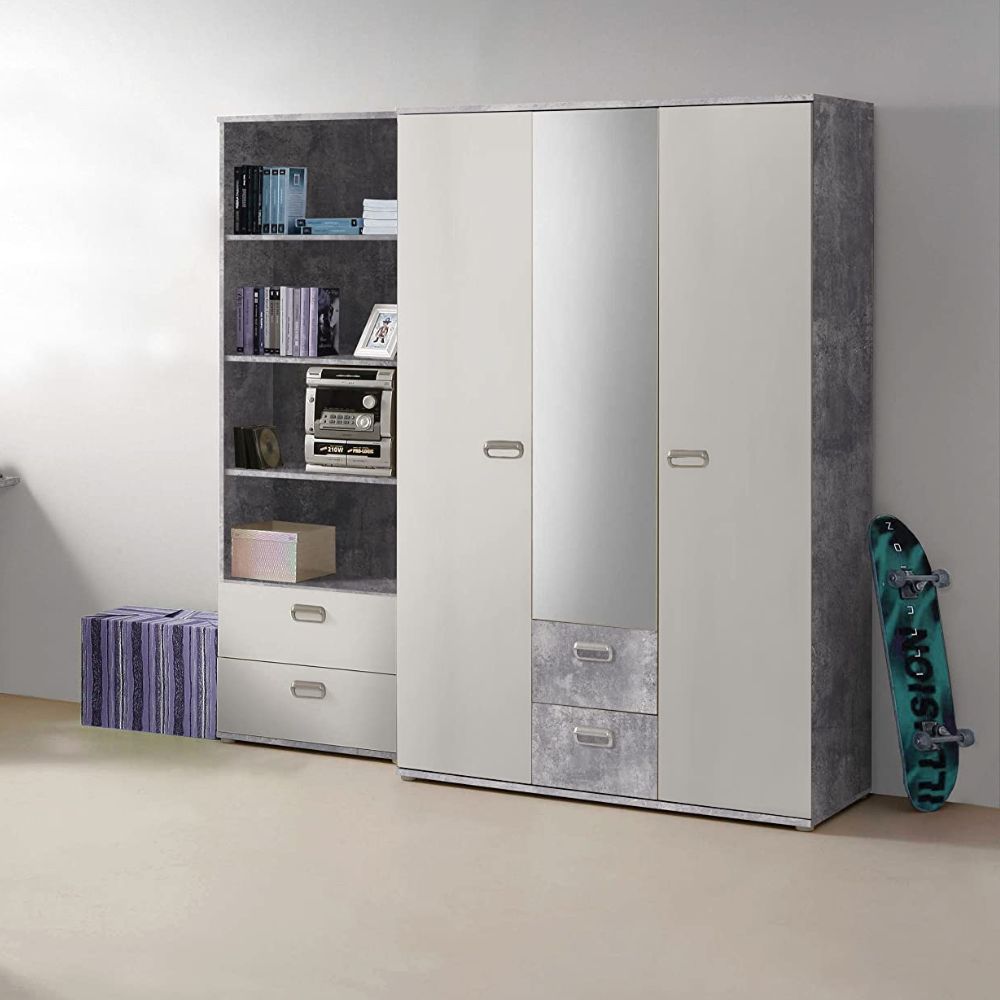 Kleiderschrank 'EMILY' mit Betonoptik und Spiegel: Lichtgrau mit Weiß (Modell: EMLS95-C251)