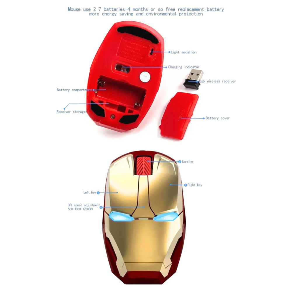 Iron Man Wireless-Maus: Ergonomisch, 2.4G USB Funk, LED-Licht, 1600DPI, leiser Klick, für PC, Laptop, MacBook